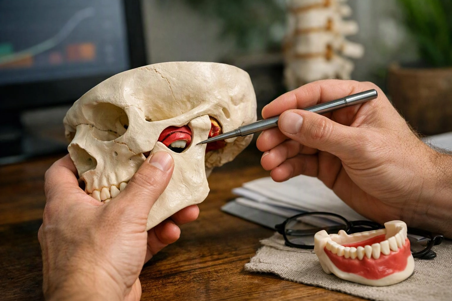 Hands hold a skull model while a metal tool points inside the eye socket on a wooden desk
