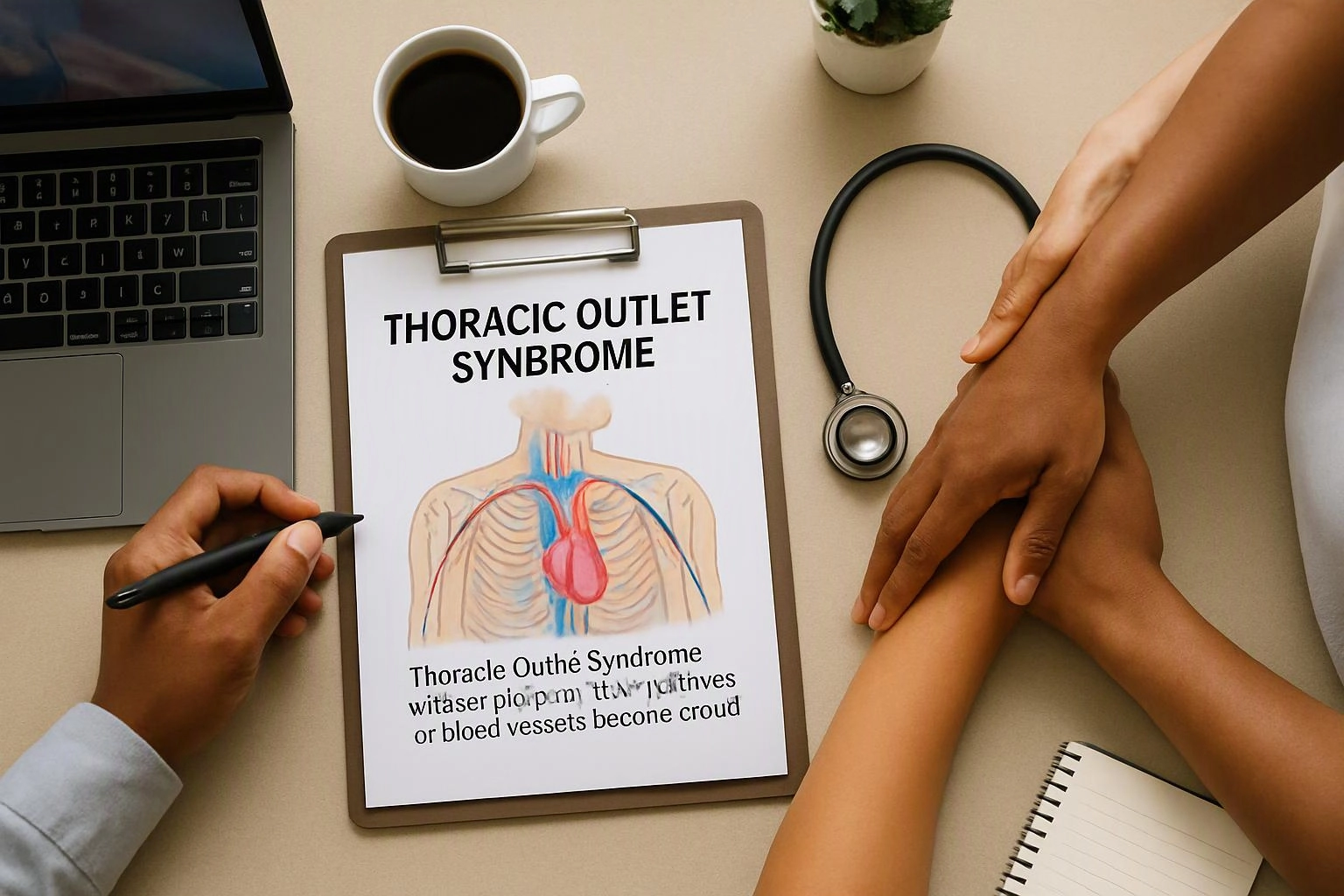 Hands review a medical clipboard about thoracic outlet syndrome beside a laptop, coffee, and stethoscope on a desk