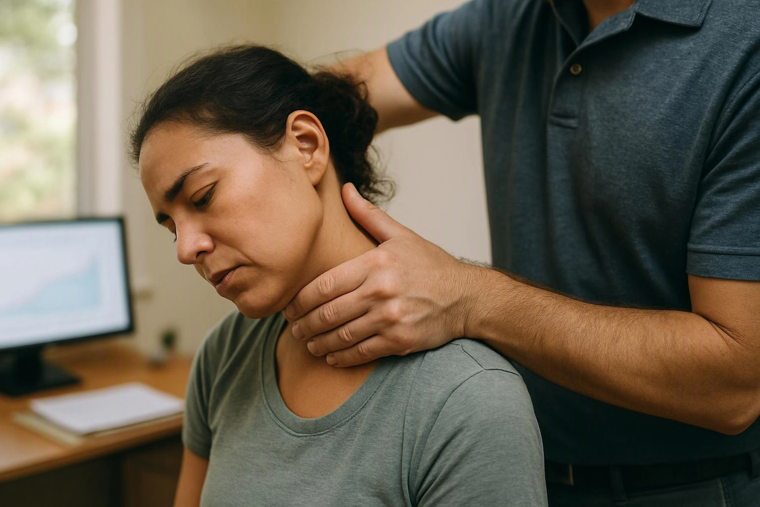 A man gently holds a woman’s neck while she leans forward in a quiet room with a desk and monitor