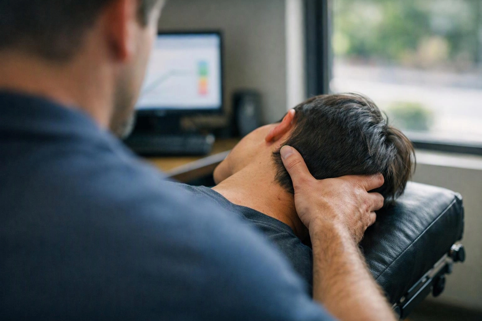 A therapist supports a reclined man’s head on a padded table in a bright treatment room