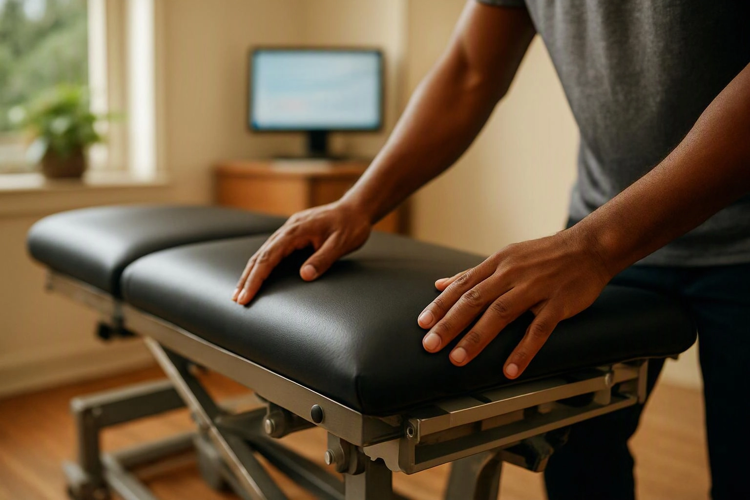 A person presses both hands on a padded treatment table in a bright room with a monitor in the background