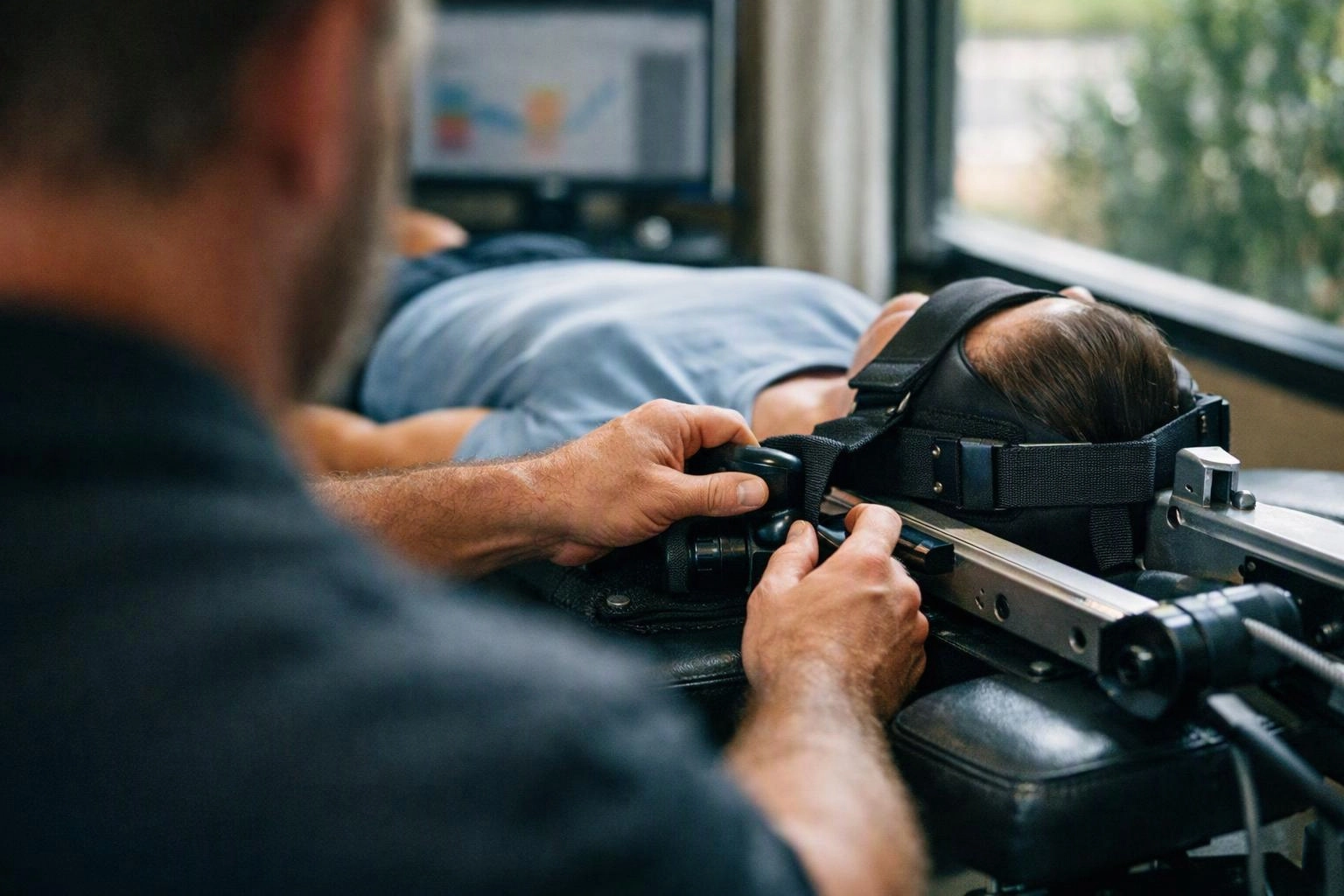 A therapist adjusts a patient on a padded treatment table near a bright window