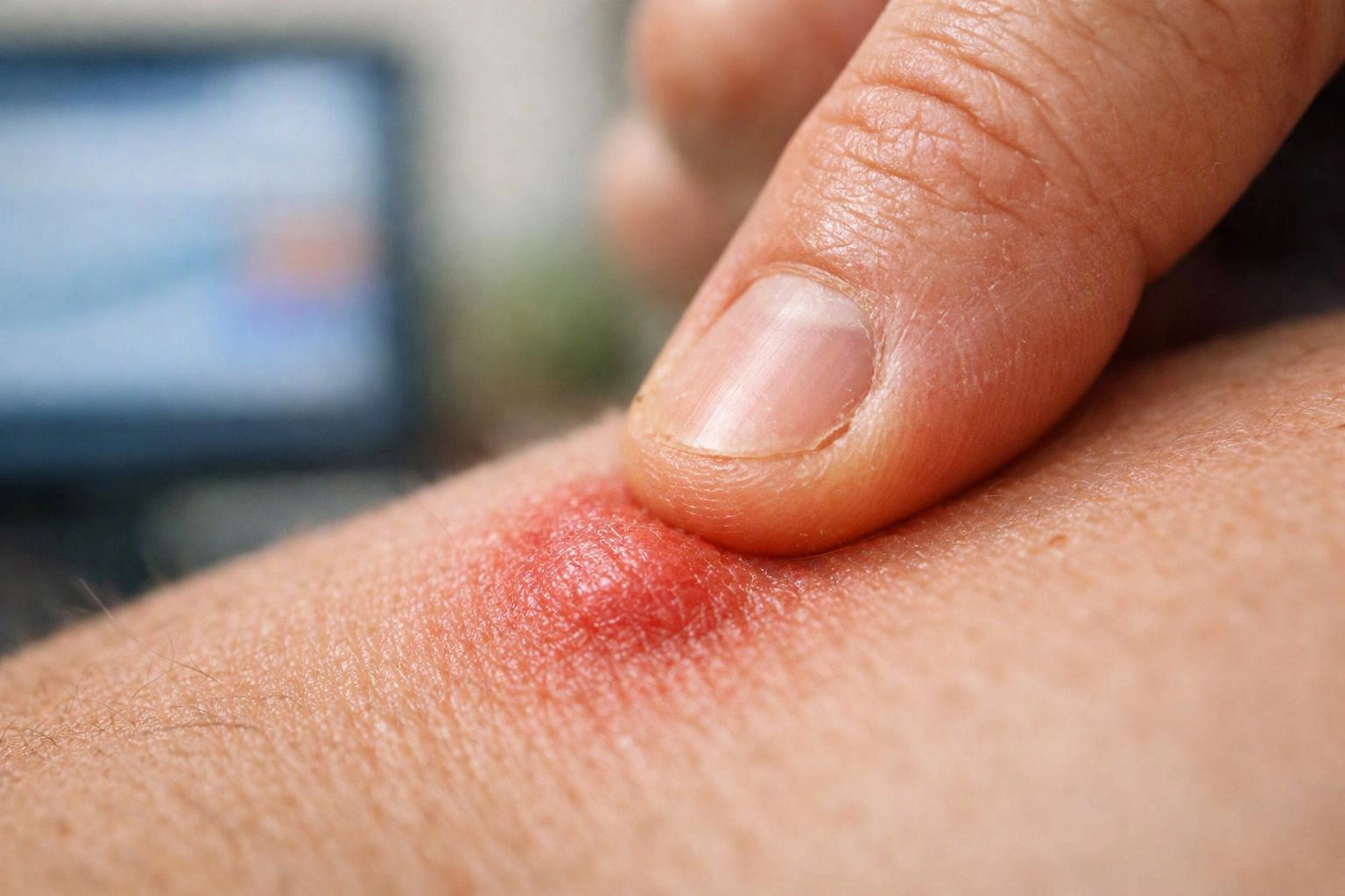 A finger presses a swollen red bump on skin in a close-up shot