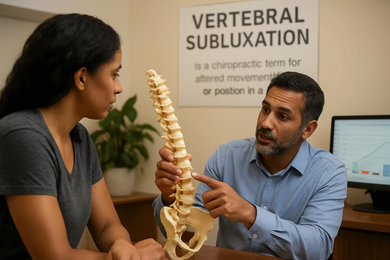 A man points to a spine model while talking to a seated woman in a clinic office with a vertebral subluxation sign