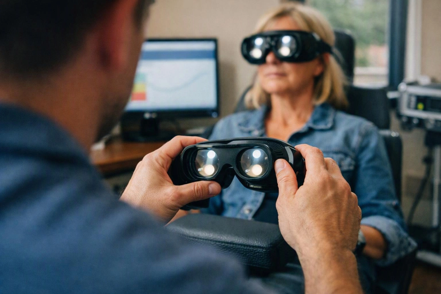 A man holds a vision testing device while a woman wears matching goggles in a small exam room