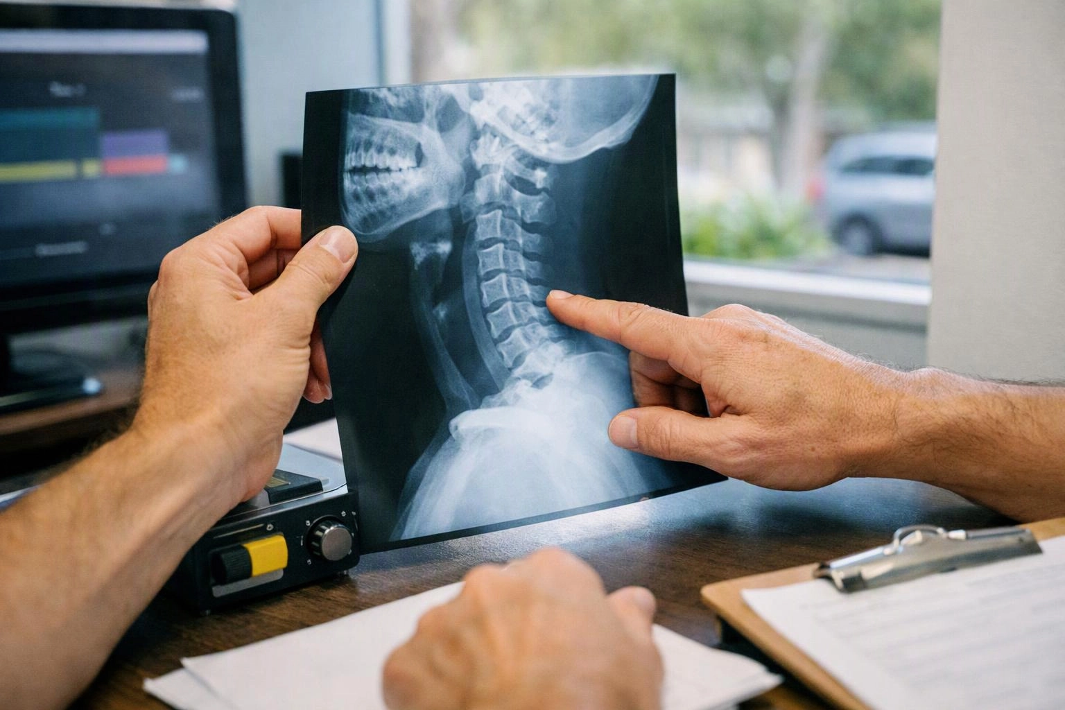 Hands point at a neck X-ray film held above a desk in a bright office