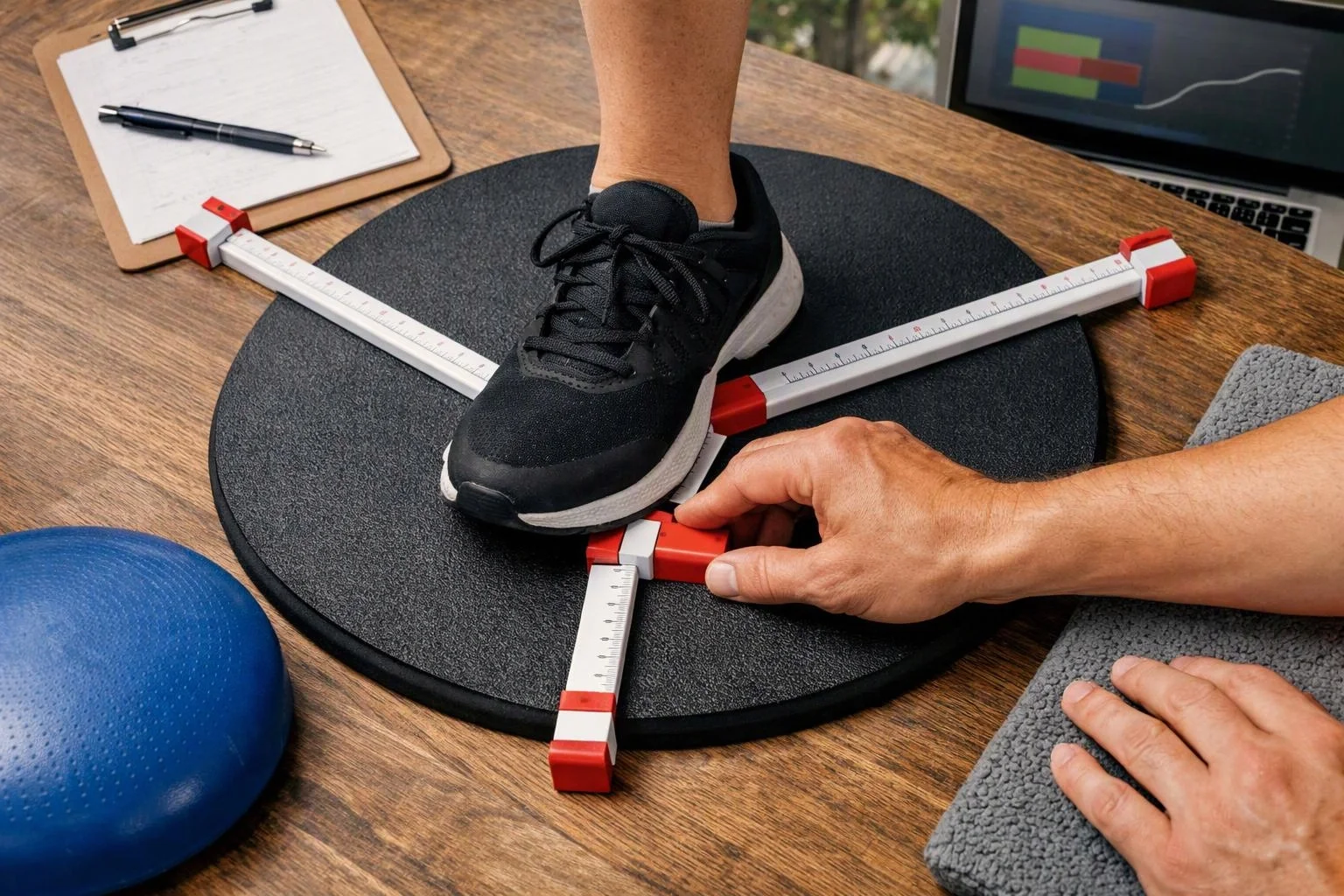 A foot in a black sneaker stands on a measurement board while a hand adjusts the gauge on a wooden desk