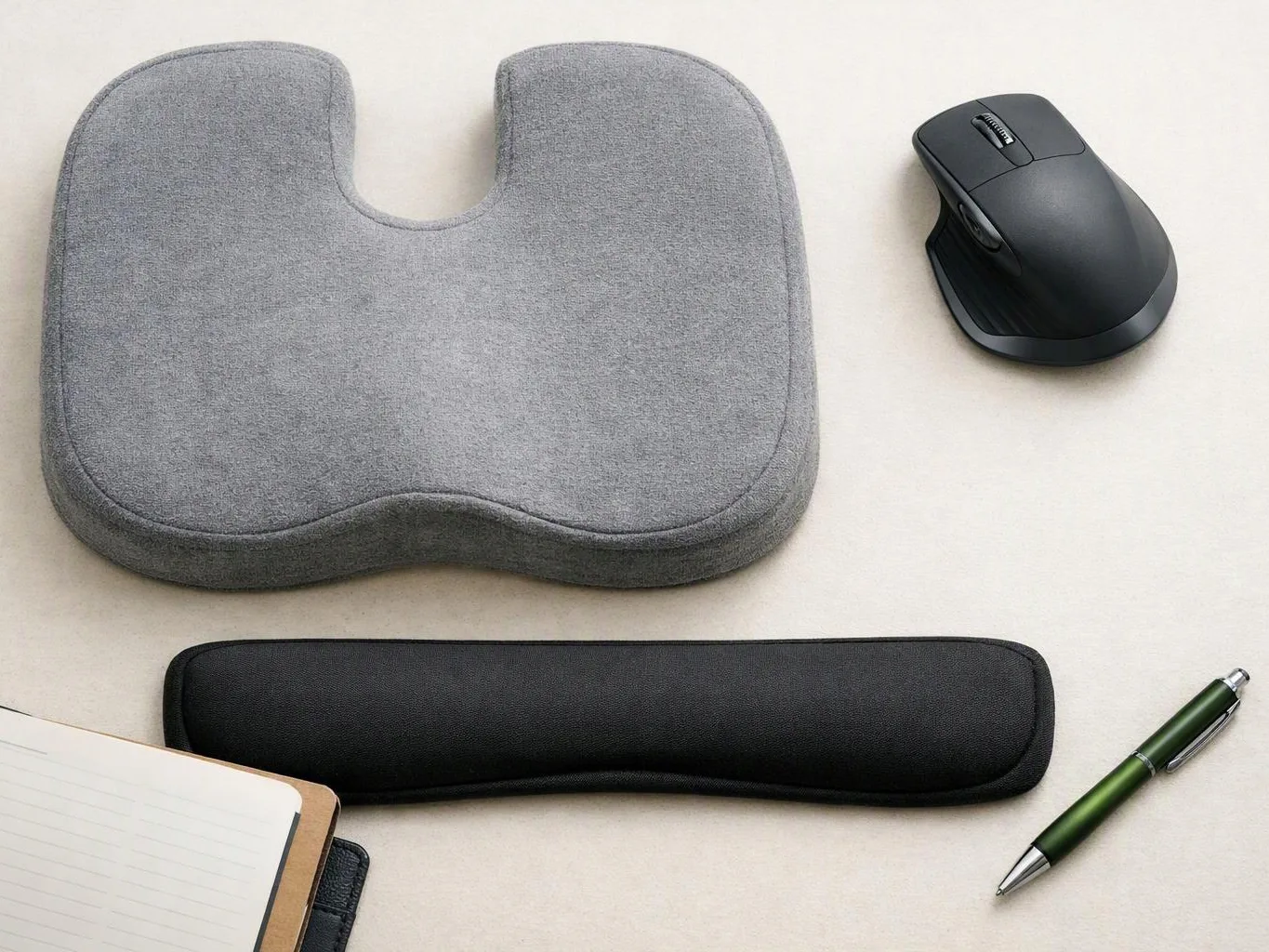 A gray cushion, black mouse pad, black mouse, notebook corner, and green pen sit on a light desk