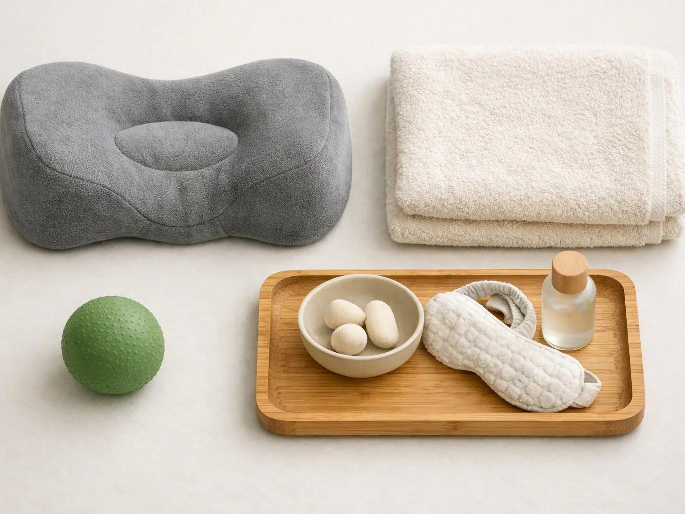A gray neck pillow, folded towel, green massage ball, and bamboo tray with bath items sit on a white surface