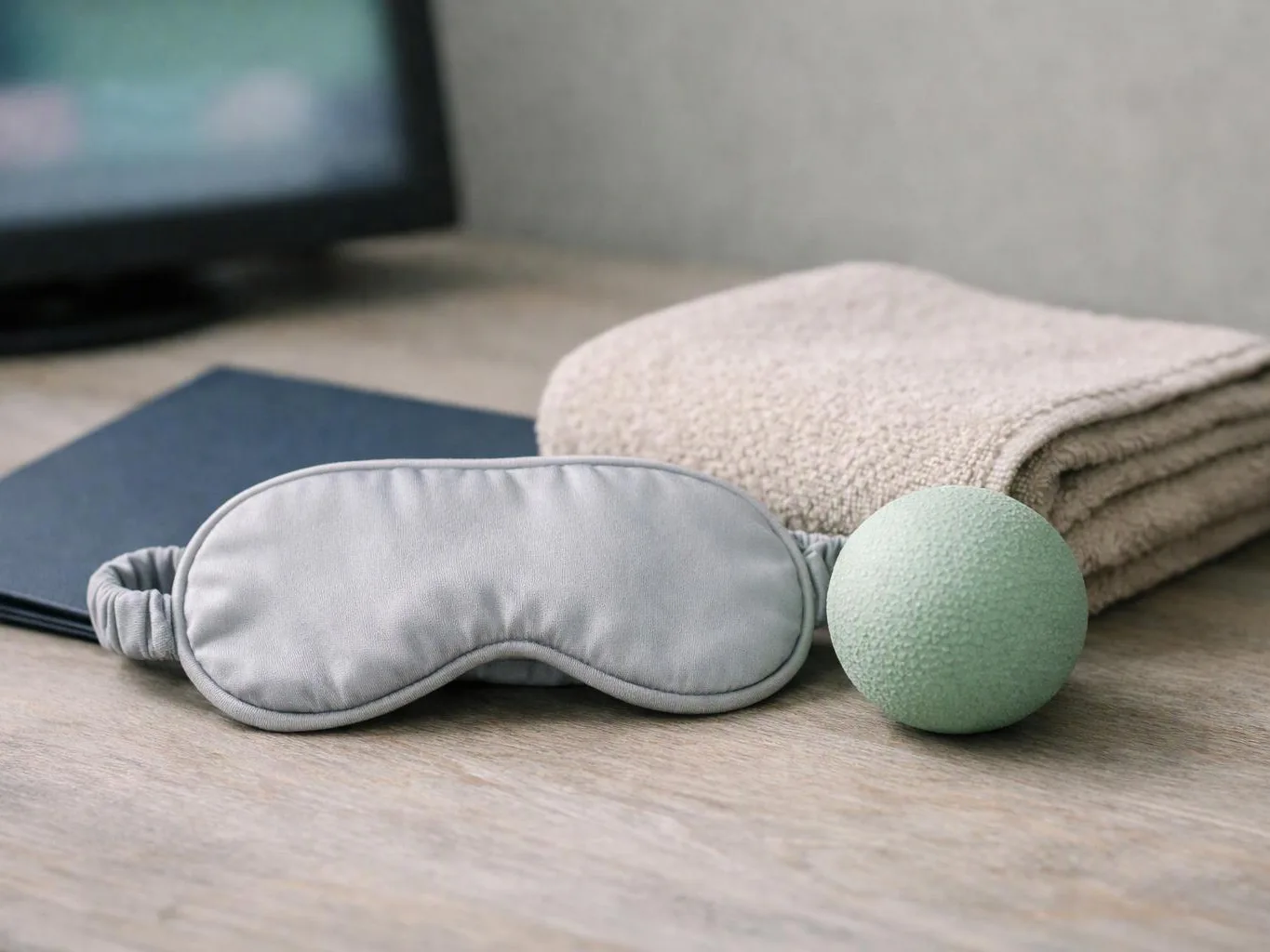 A gray sleep mask, folded beige towel, green massage ball, and dark notebook rest on a wooden surface