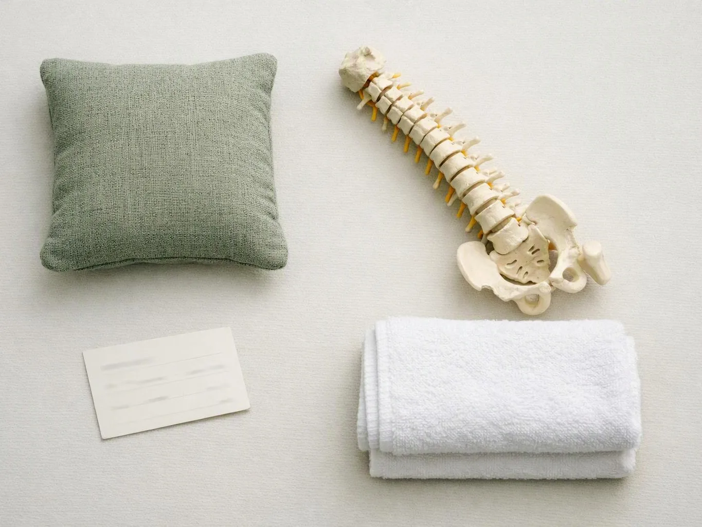A green cushion, a spine model, folded white towels, and a blank card sit on a light surface