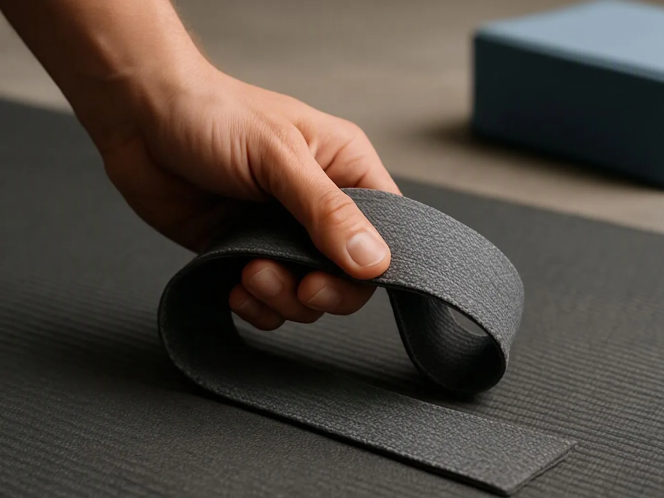 A hand bends a black textured exercise strap on a mat indoors