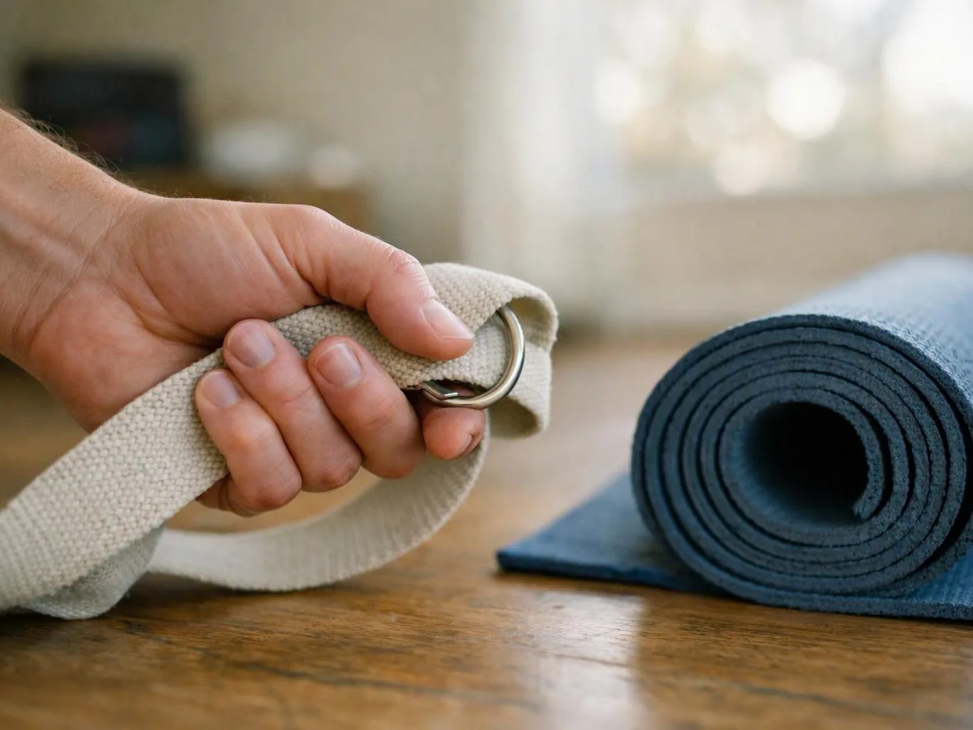 A hand holds a beige yoga strap beside a rolled blue mat on a wooden floor