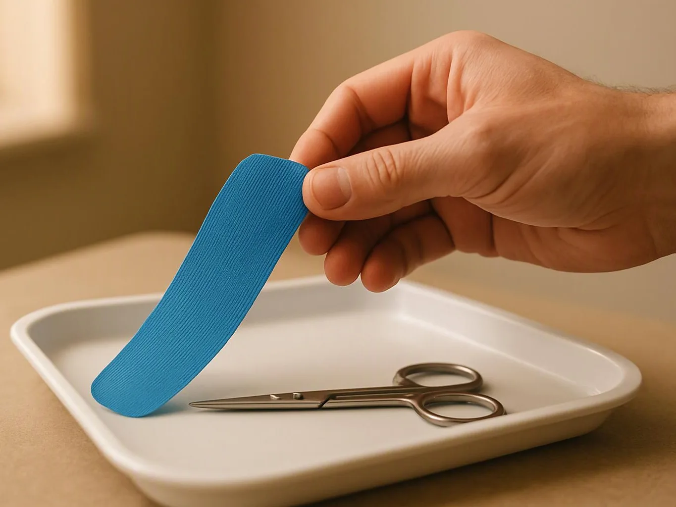 A hand holds a blue adhesive strip above a tray with small scissors on a table