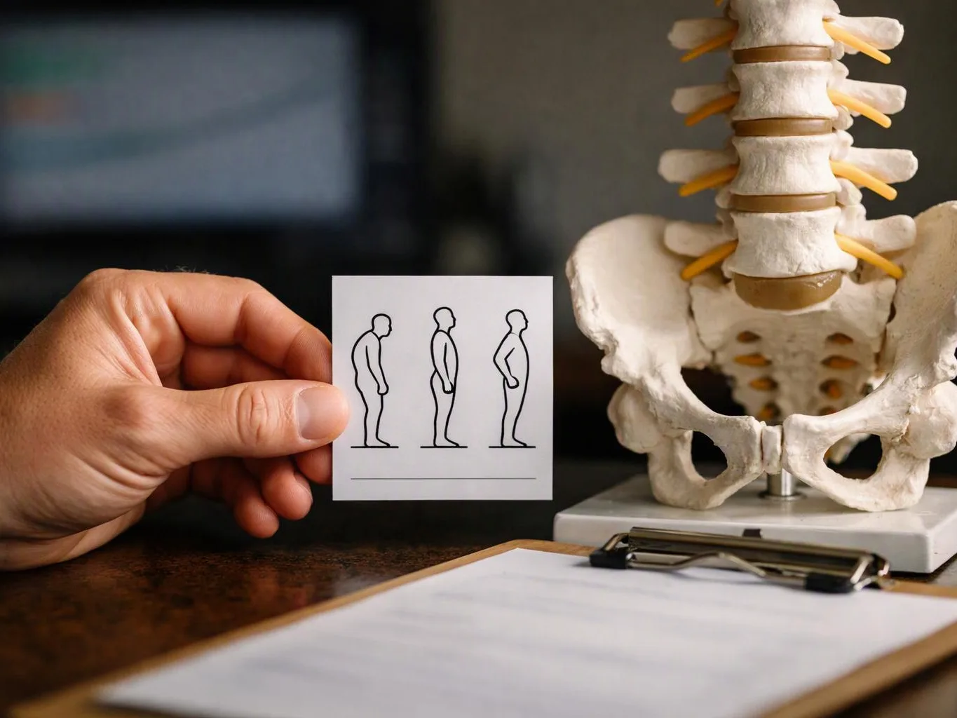 A hand holds a card with posture drawings beside a spine and pelvis model on a desk