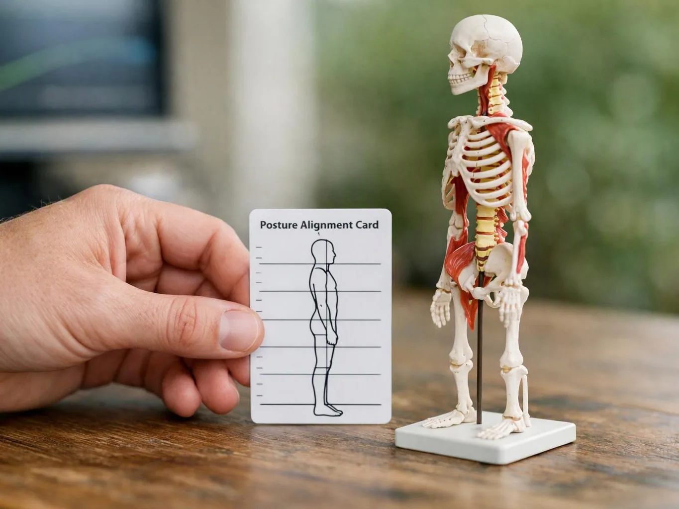 A hand holds a posture alignment card beside a small skeleton model on a wooden table