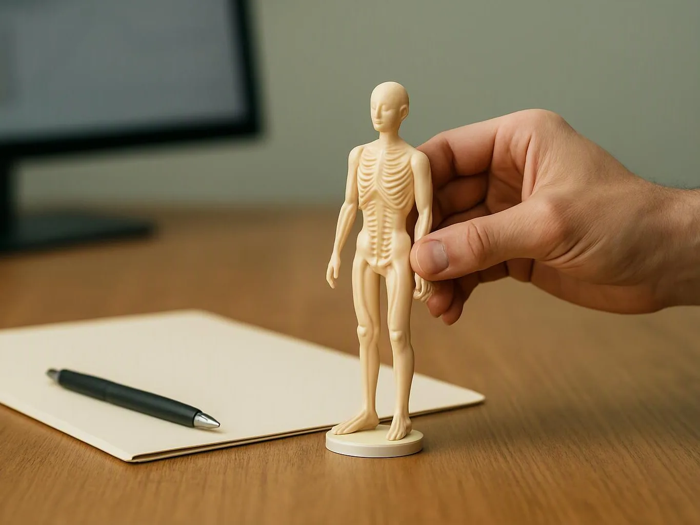A hand holds a small human skeleton figurine beside a notebook and pen on a wooden desk