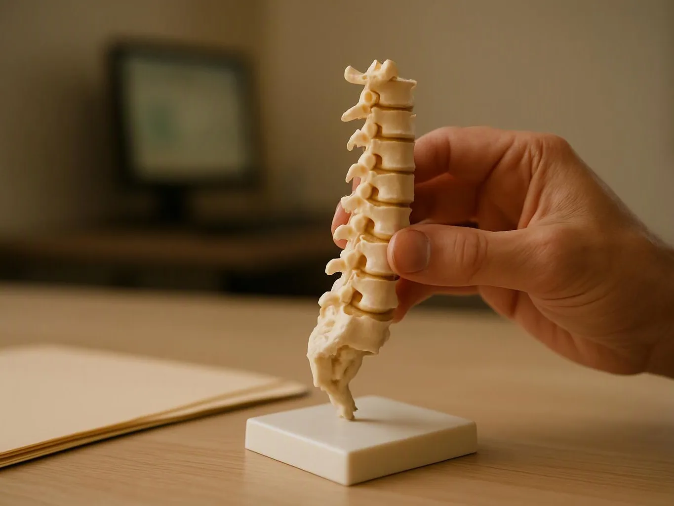 A hand holds a small spine model above a white stand on a desk