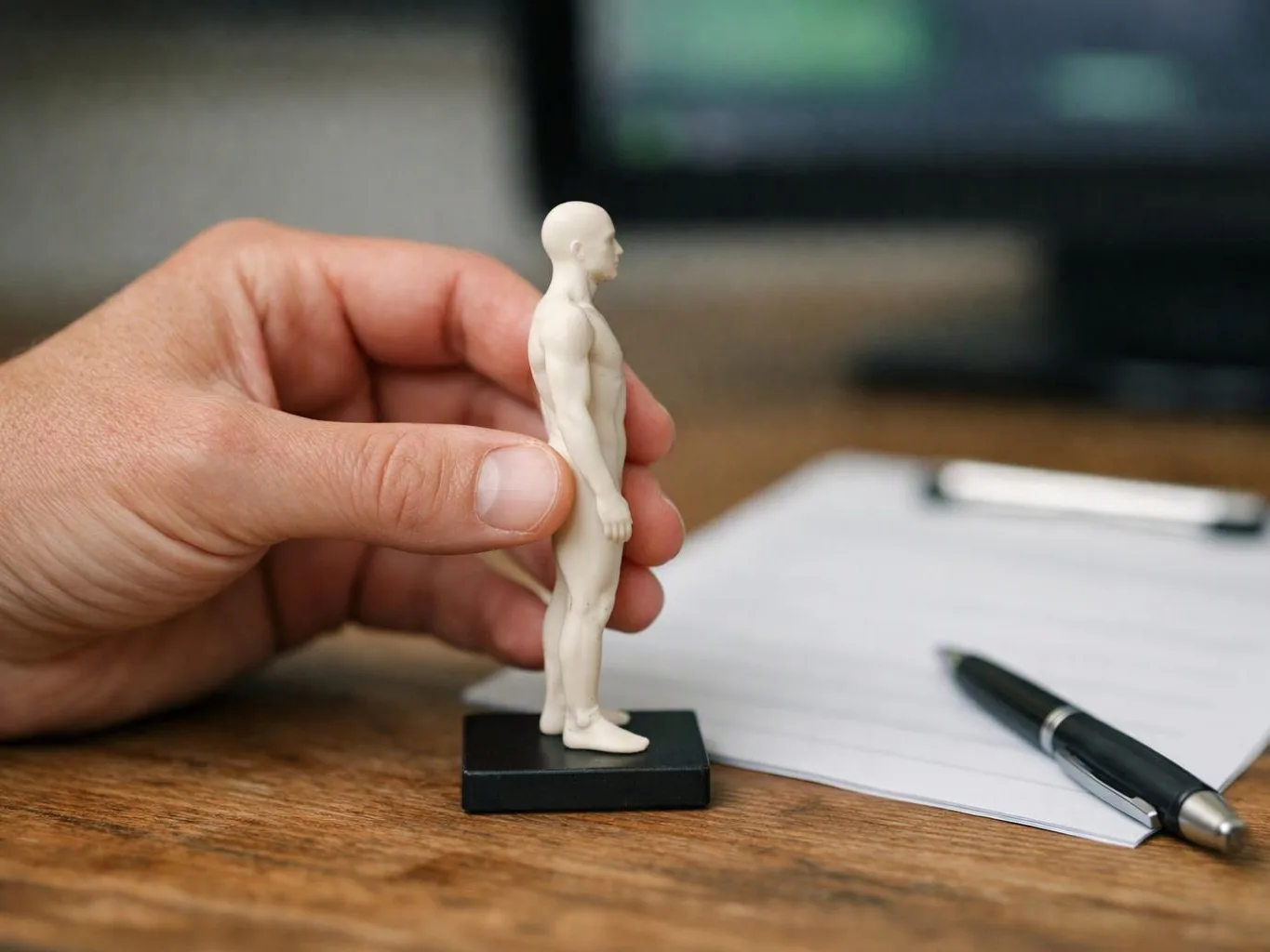 A hand holds a small white human figurine on a black base beside papers and a pen on a desk