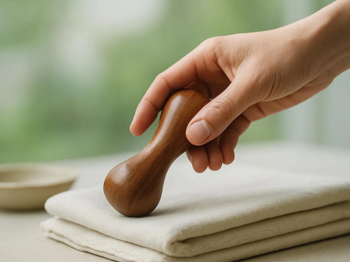 A hand holds a wooden massage tool above folded white towels on a table