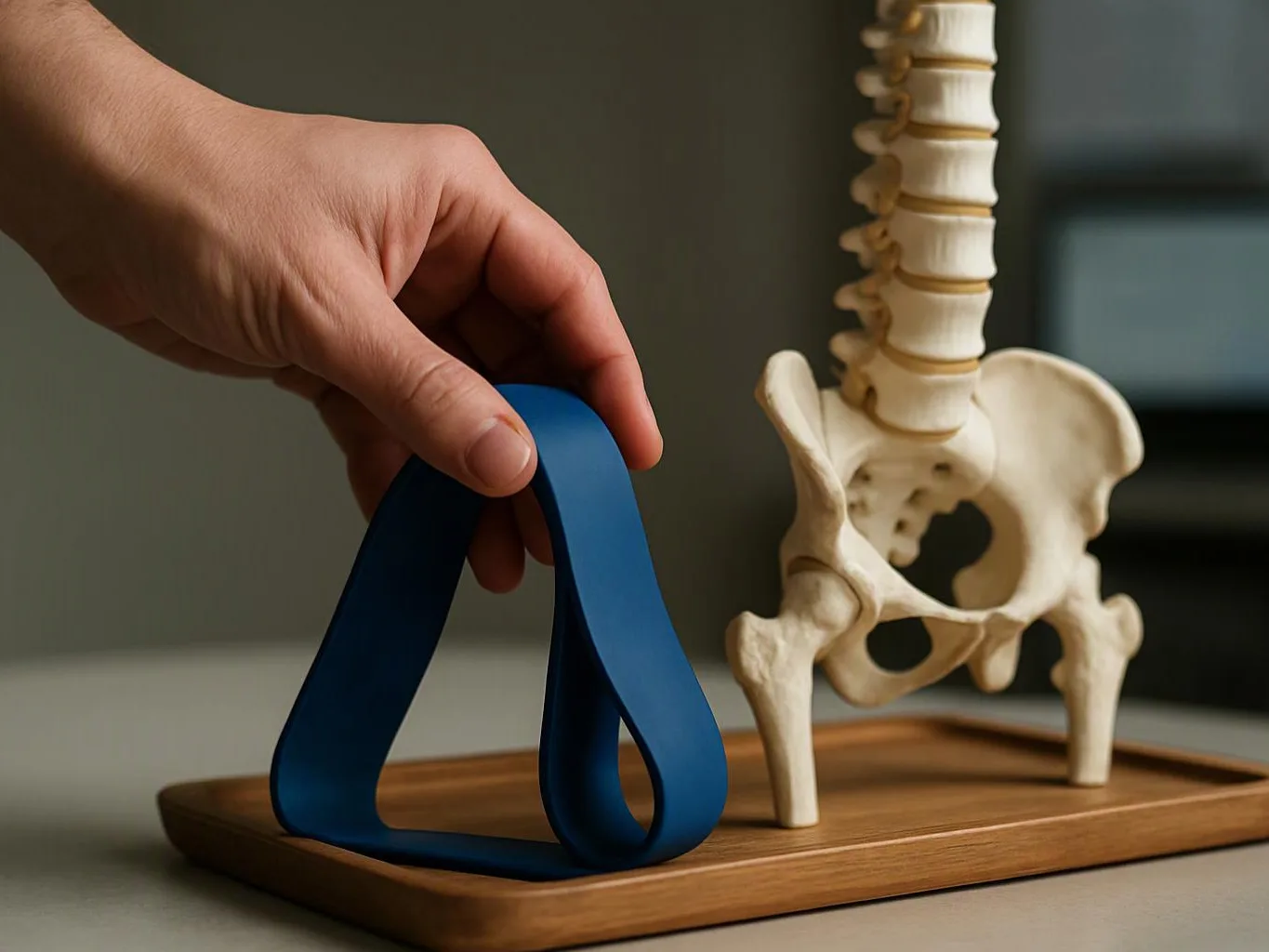 A hand places a blue loop beside a small pelvis and spine model on a wooden tray