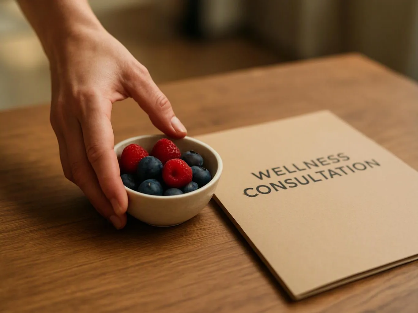 A hand places a bowl of berries beside a folder labeled “WELLNESS CONSULTATION” on a wooden table