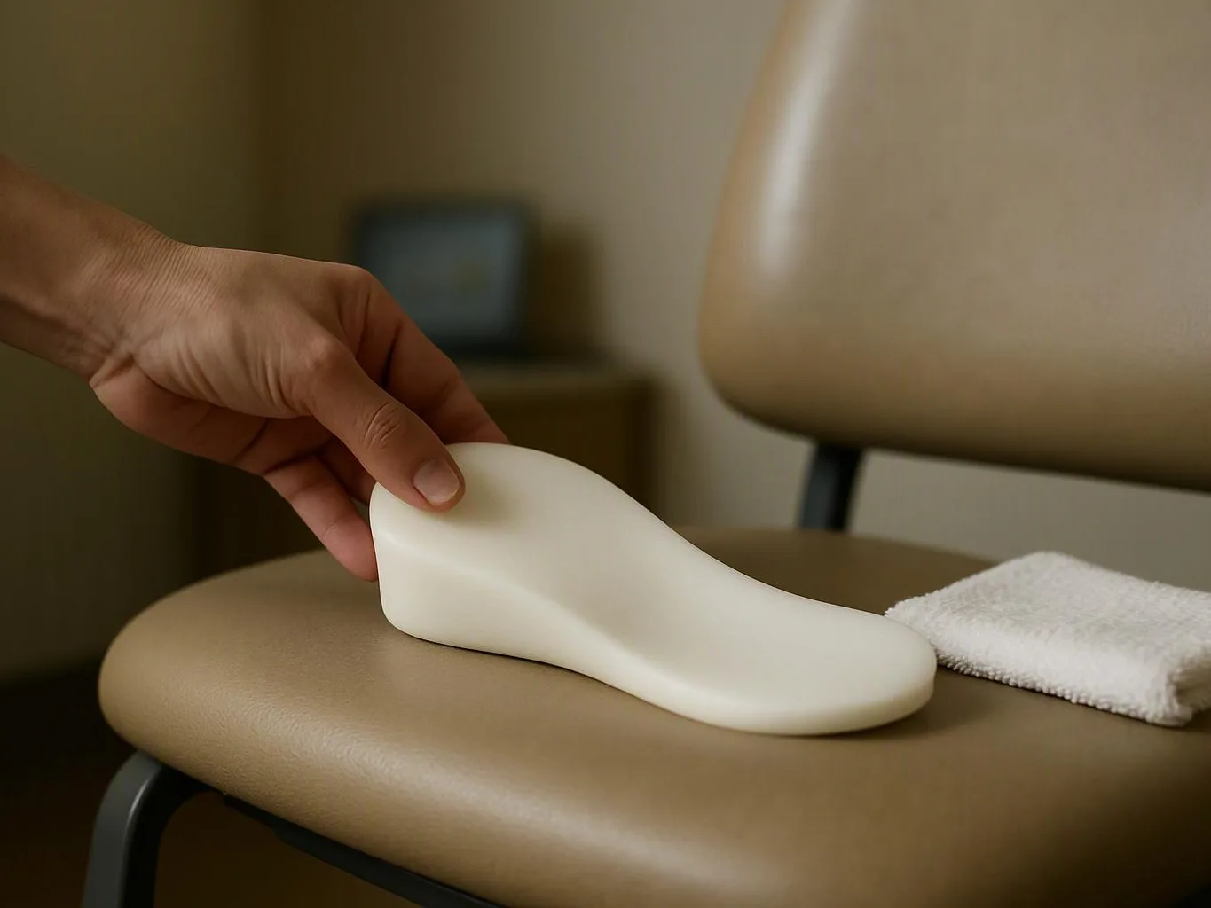 A hand places a white foam foot pad on a tan chair beside a folded towel