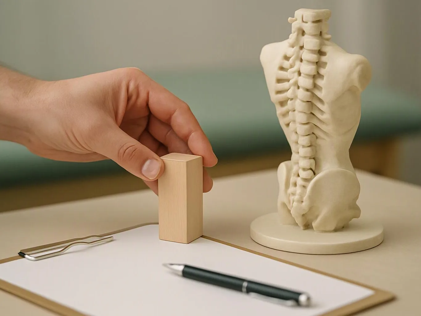 A hand places a wooden block beside a spine model on a desk with paper and a pen