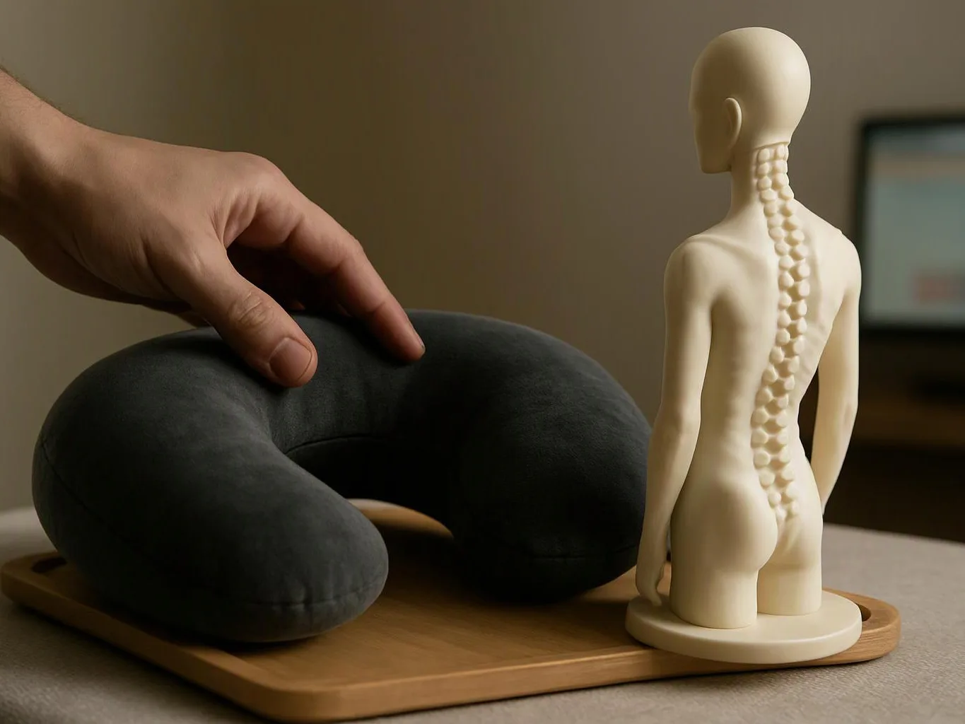 A hand presses a black U-shaped neck pillow beside a spine model on a wooden tray