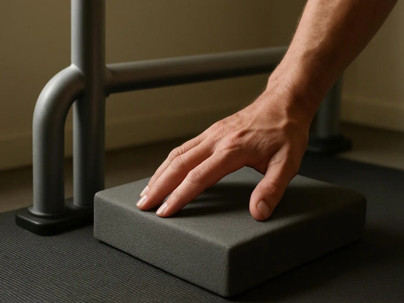 A hand presses a gray foam block beside metal exercise rails on a dark floor