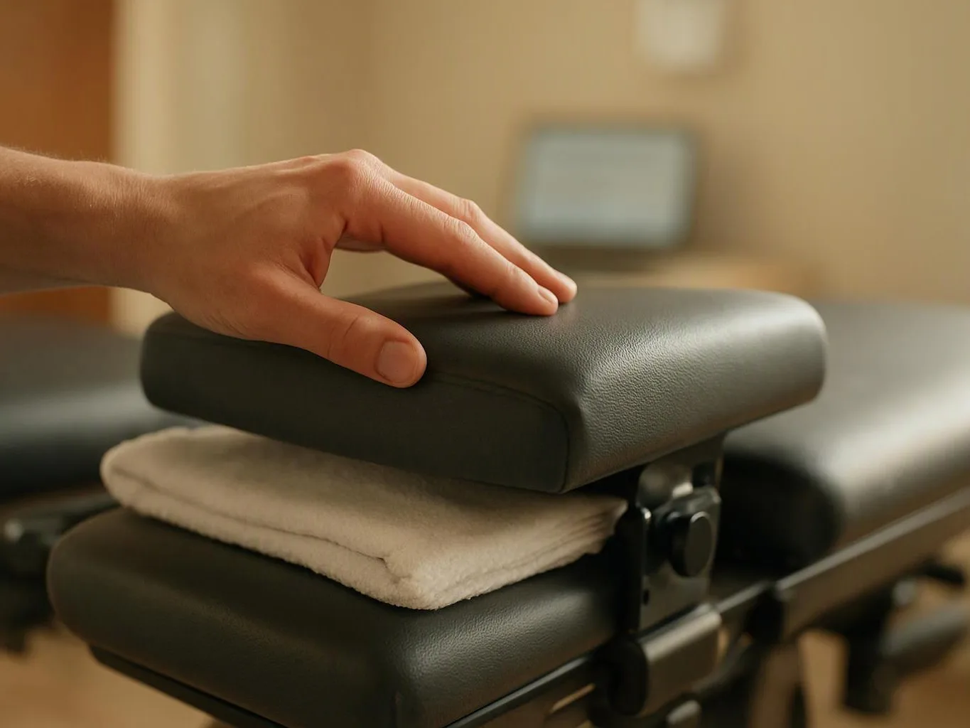 A hand presses a padded black cushion with a folded white towel on a treatment table in a softly lit room