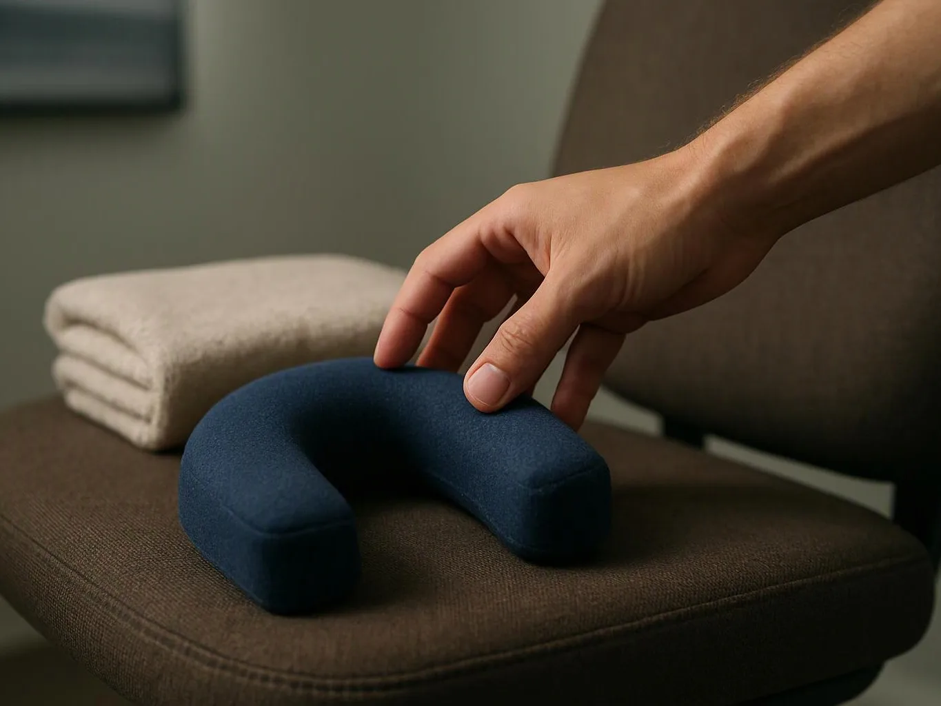 A hand reaches toward a navy U-shaped neck pillow on a brown chair beside folded beige towels
