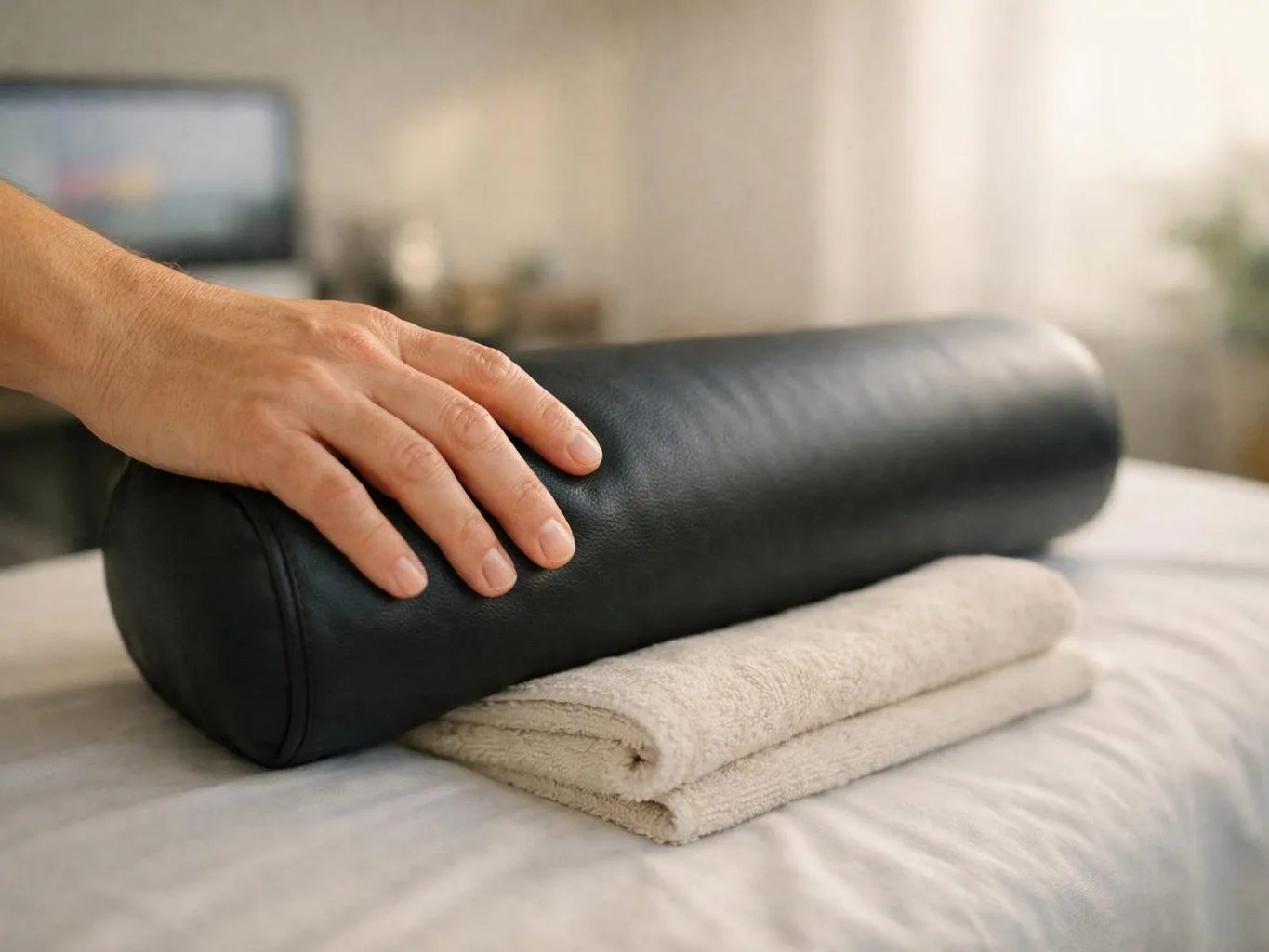 A hand rests on a black cylindrical bolster beside folded beige towels on a bed