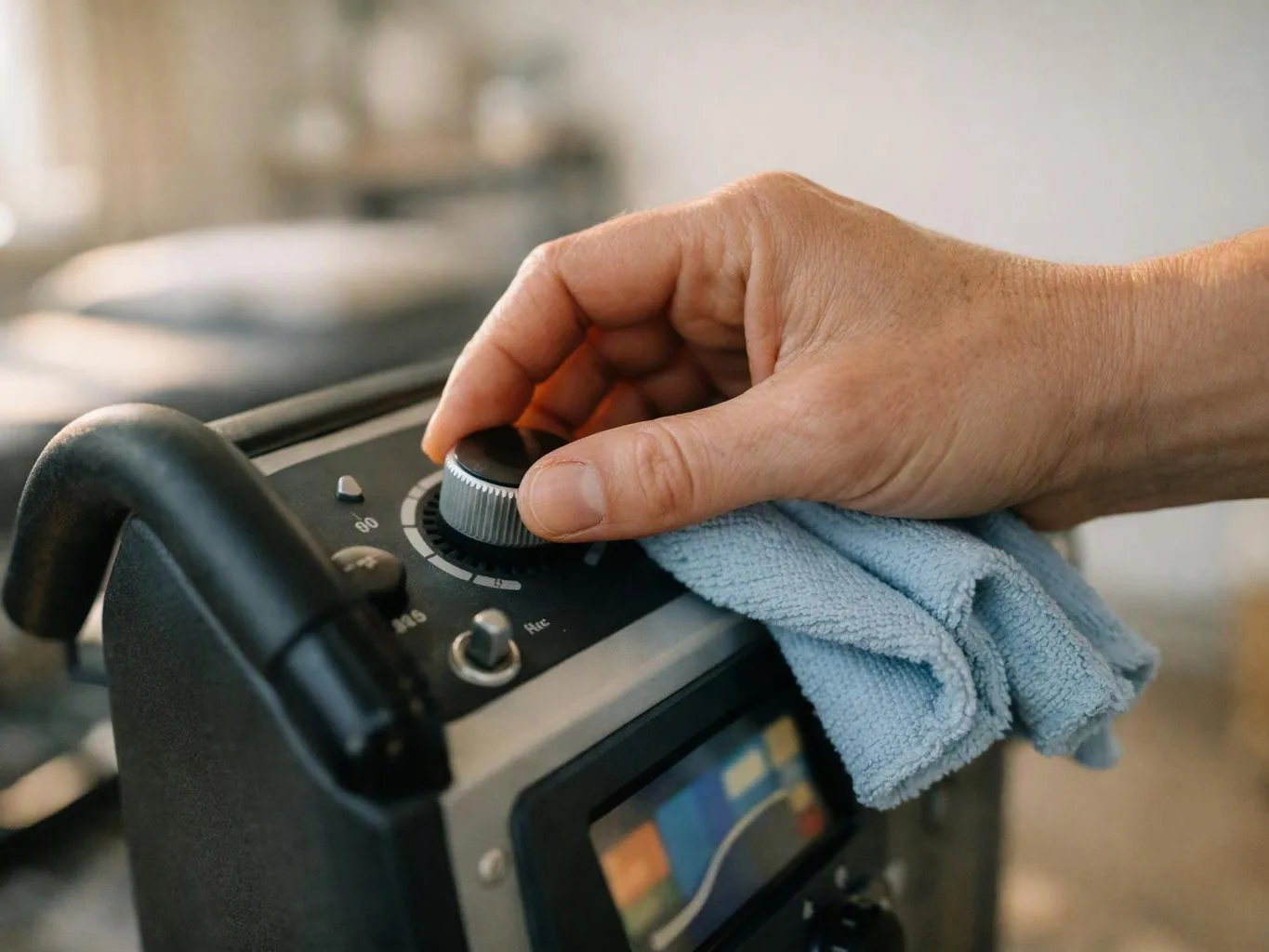 A hand wipes and adjusts a dial on a black appliance with a small display panel