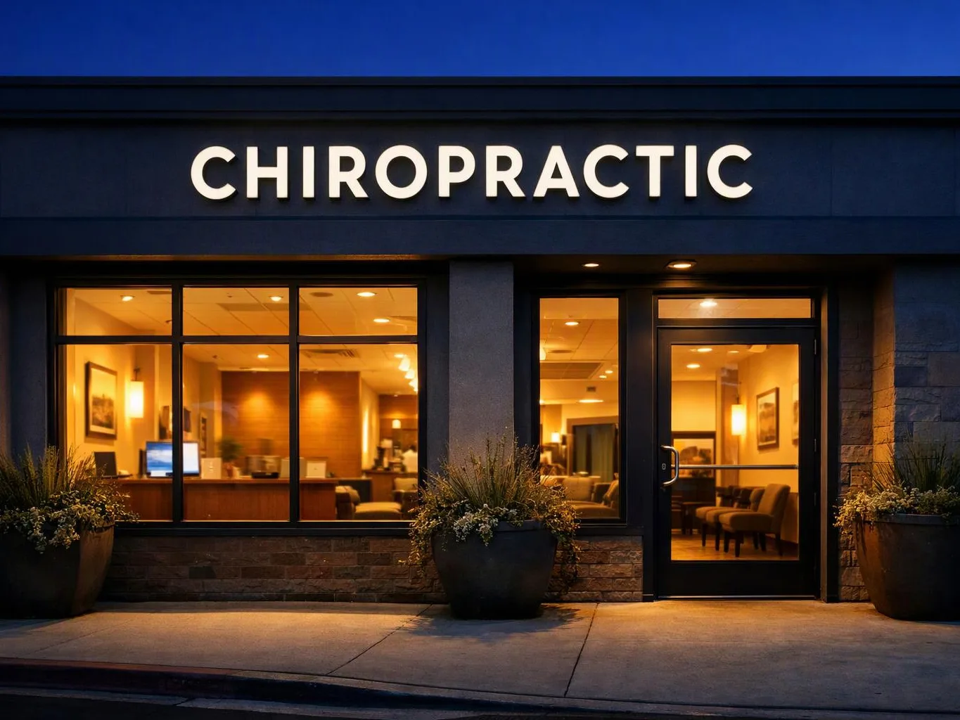 A lit chiropractic office storefront at dusk shows a glass entrance, windows, and large potted plants
