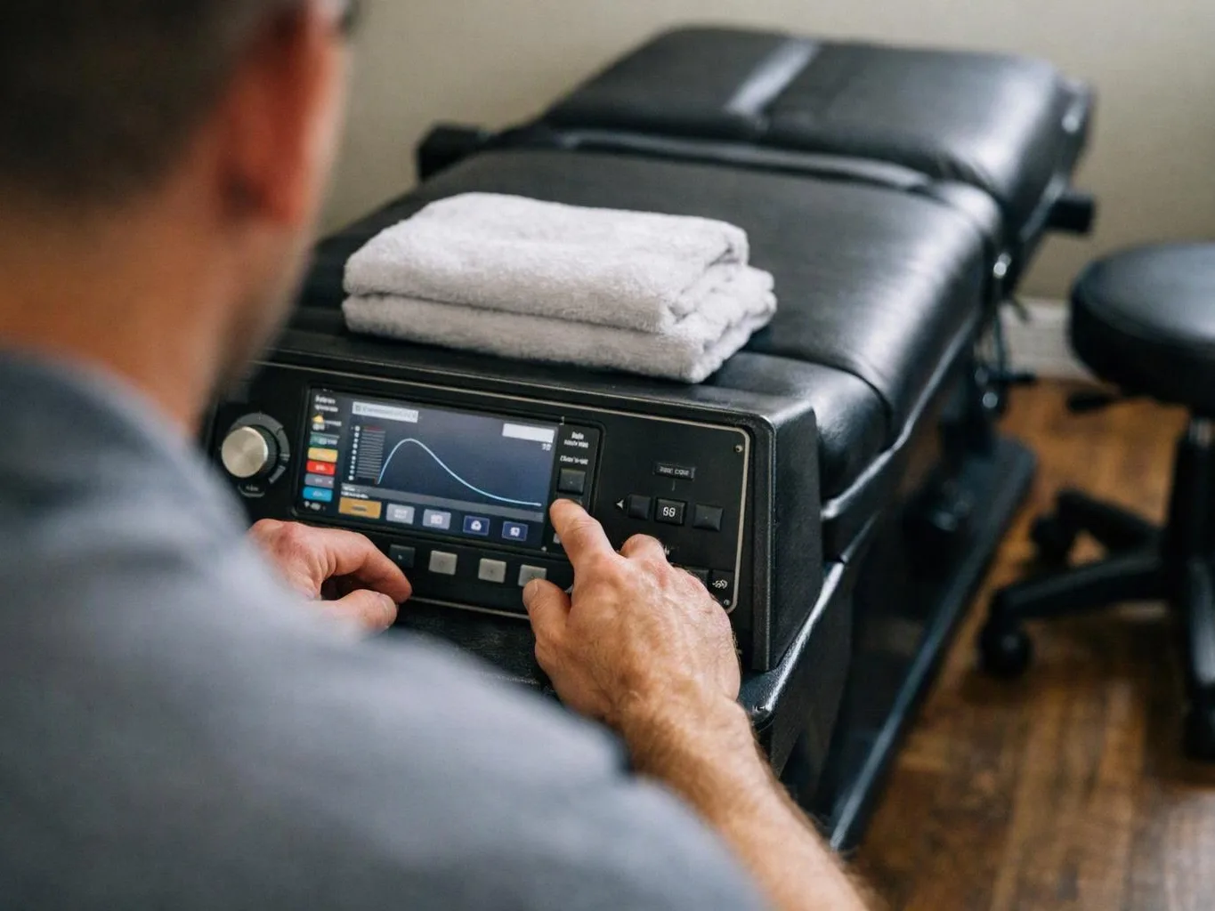 A man adjusts controls on a black massage table with folded white towels in a treatment room