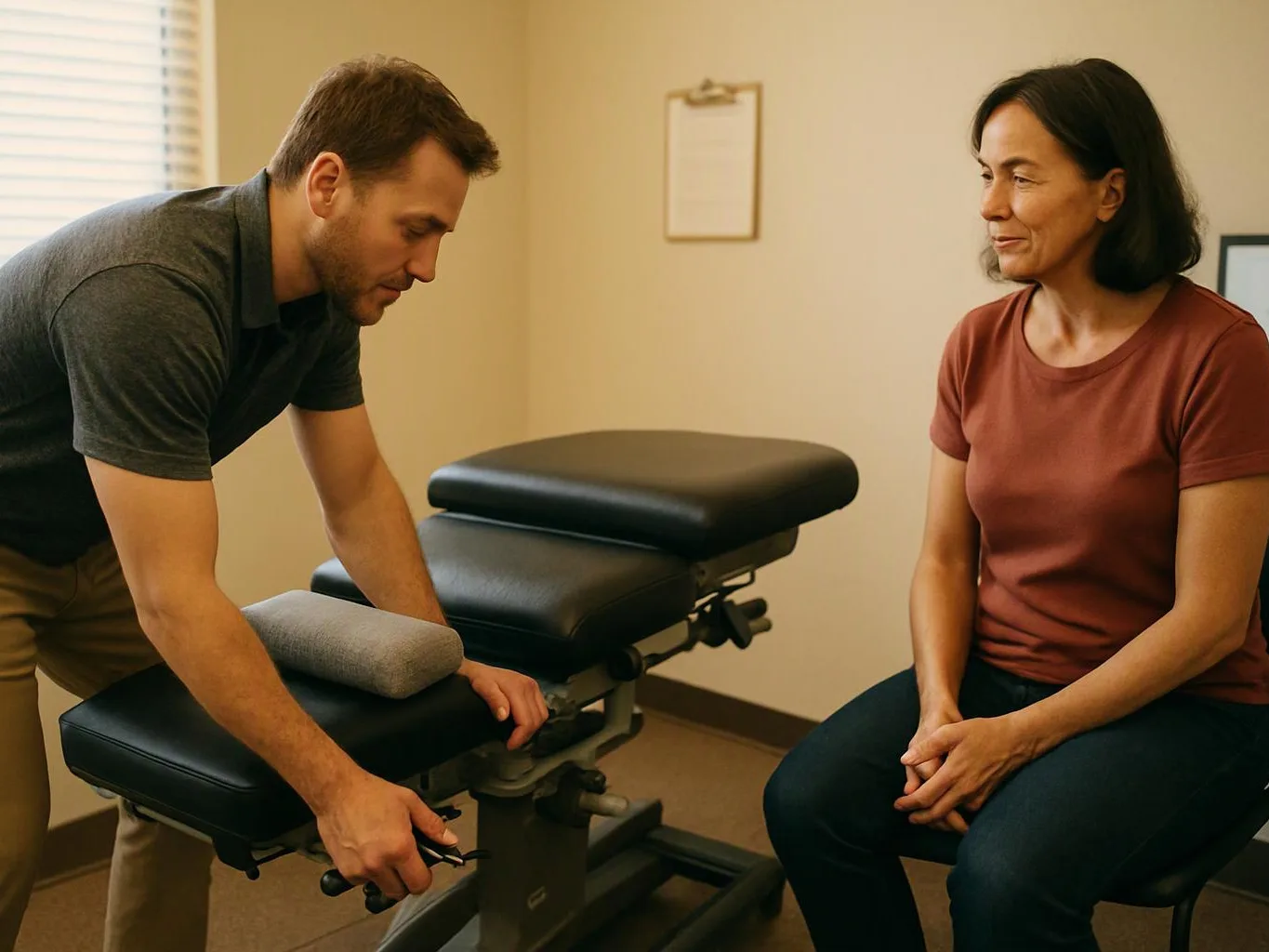 A man adjusts a padded exam table while a woman sits beside it in a clinic room