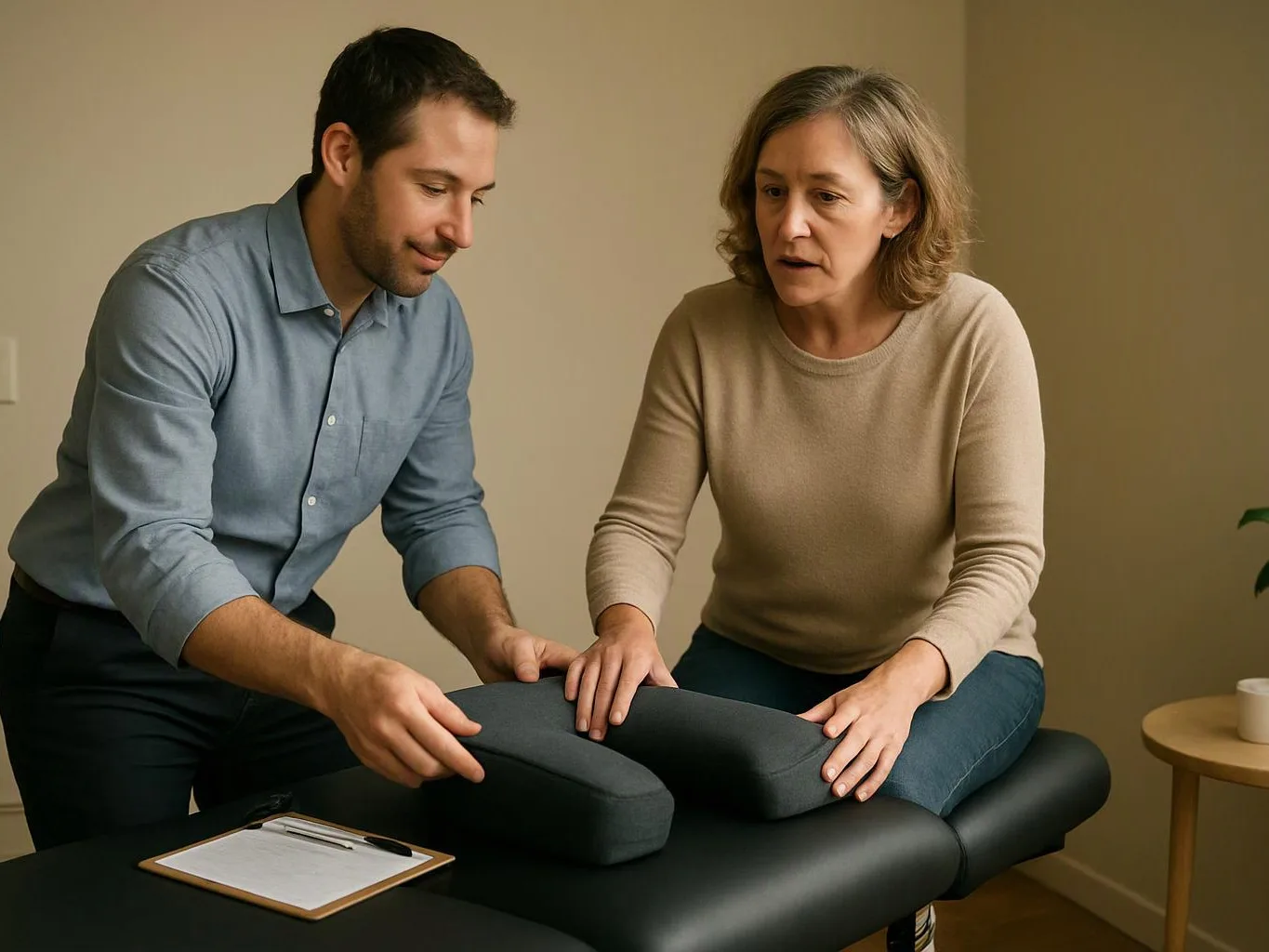 A man adjusts a woman’s legs on a padded treatment table in a plain room
