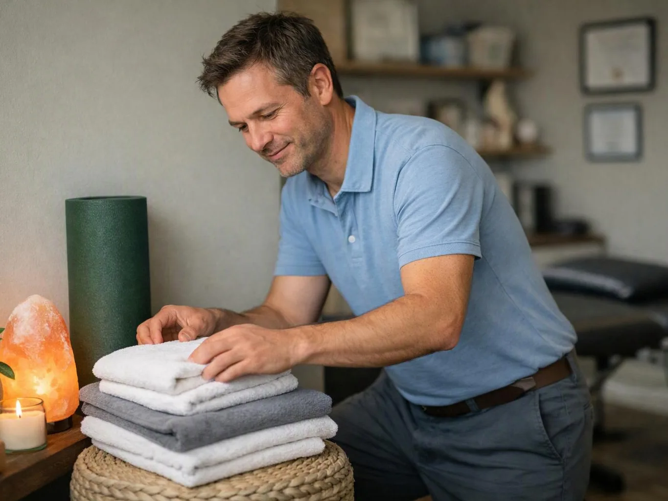 A man in a blue polo folds towels beside a glowing salt lamp and candle in a calm room