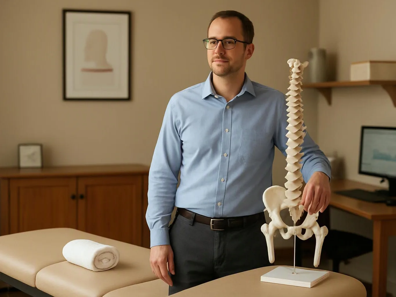 A man in a blue shirt stands beside a spine model in a tidy examination room