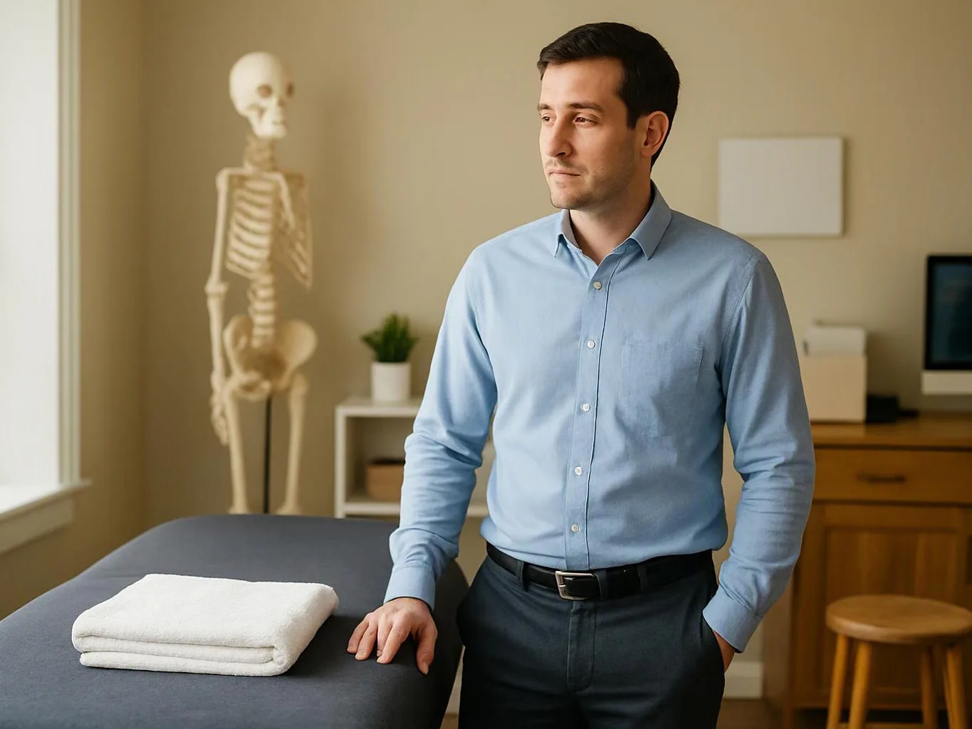 A man in a blue shirt stands beside a treatment table in a small medical room with a skeleton model behind him