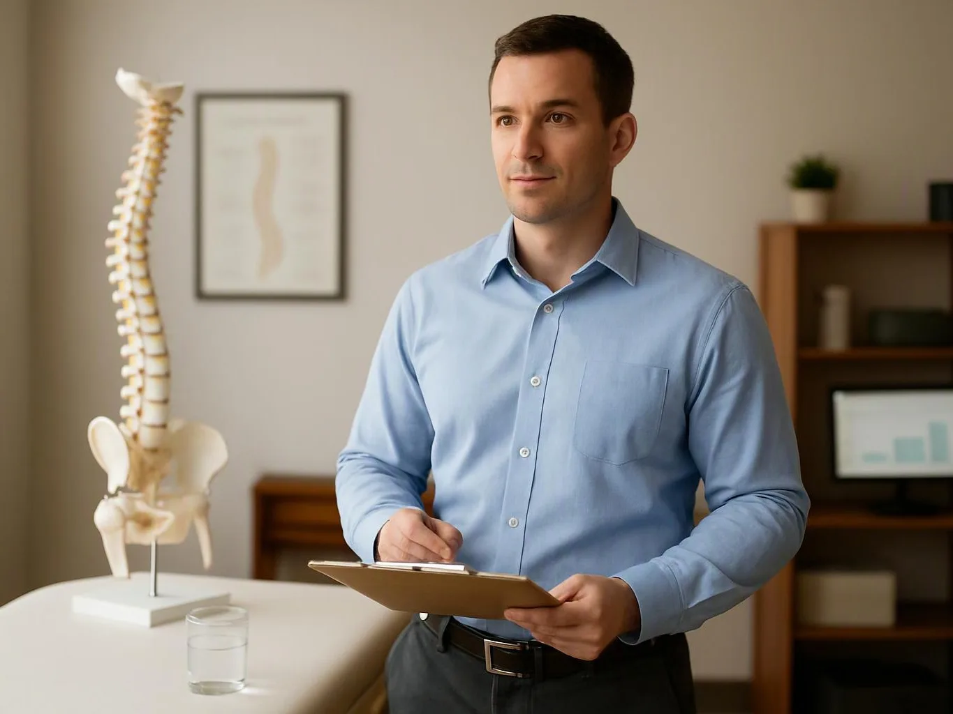 A man in a blue shirt stands with a clipboard beside a spine model in a calm office