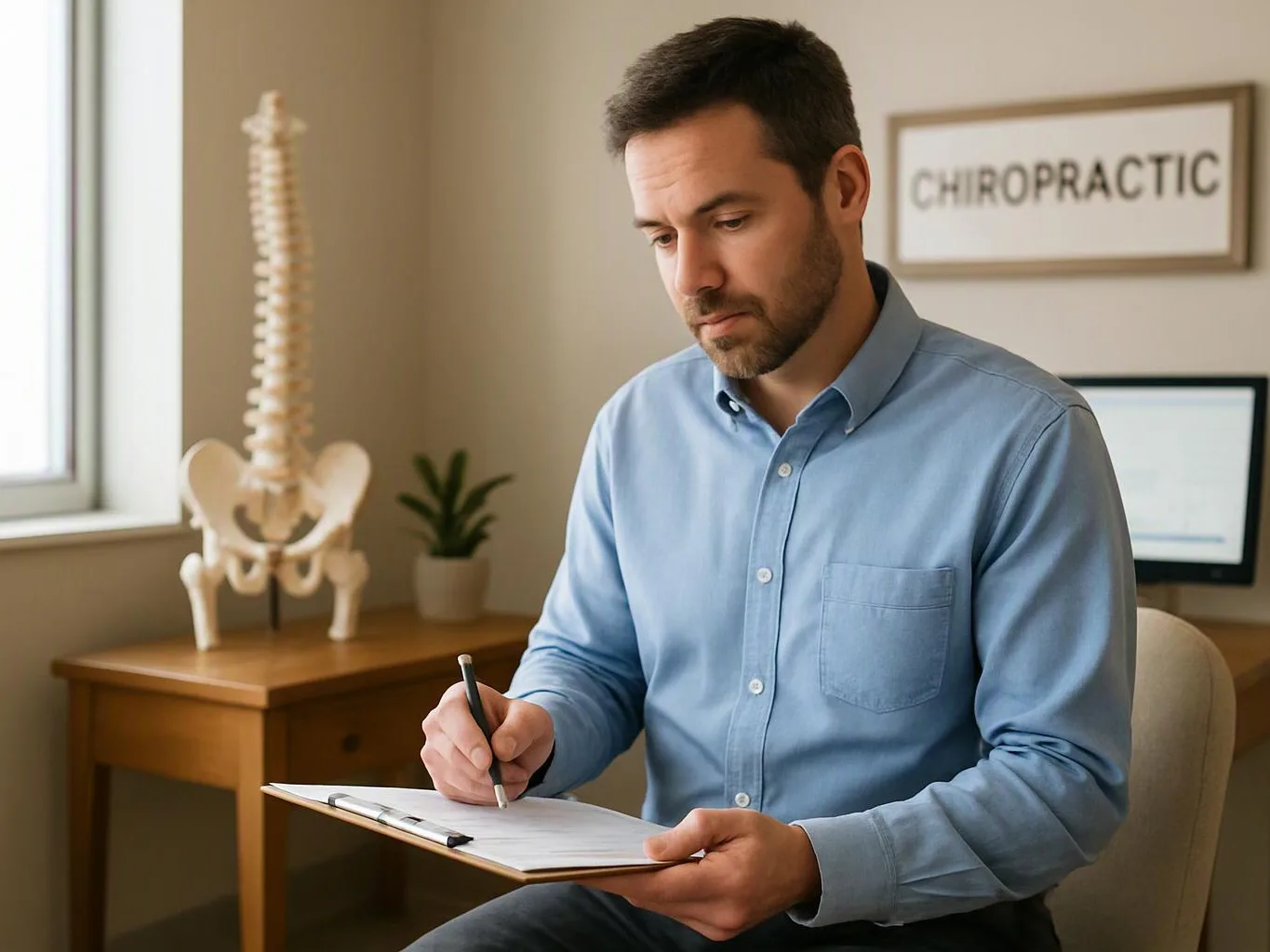A man in a blue shirt writes on a clipboard in a chiropractic office with a spine model and sign visible