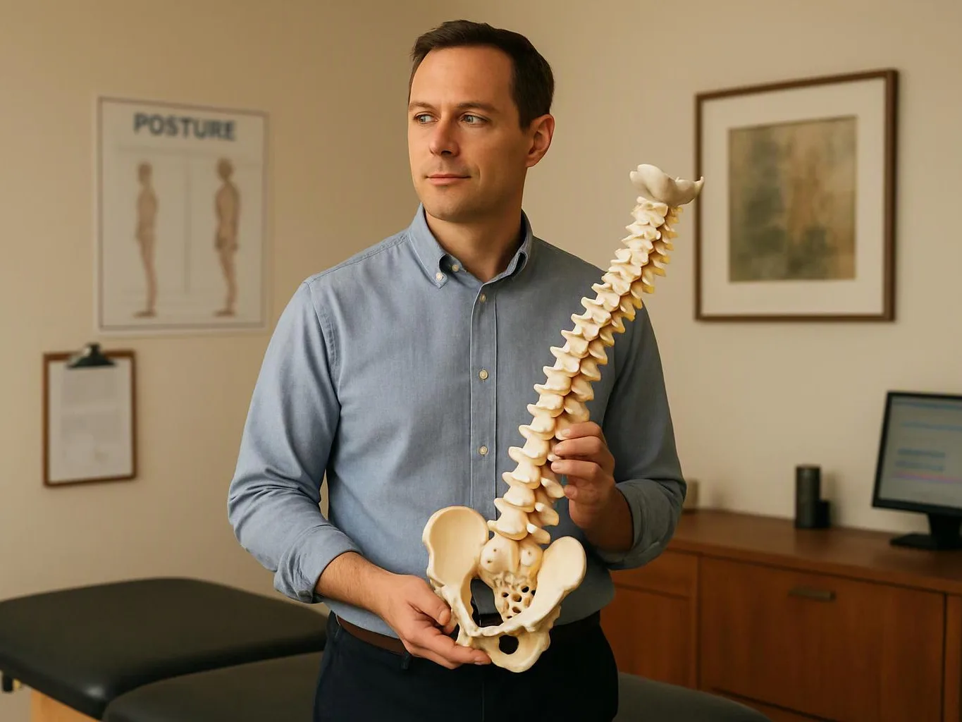 A man in a clinic holds a spine model beside an exam table and posture poster