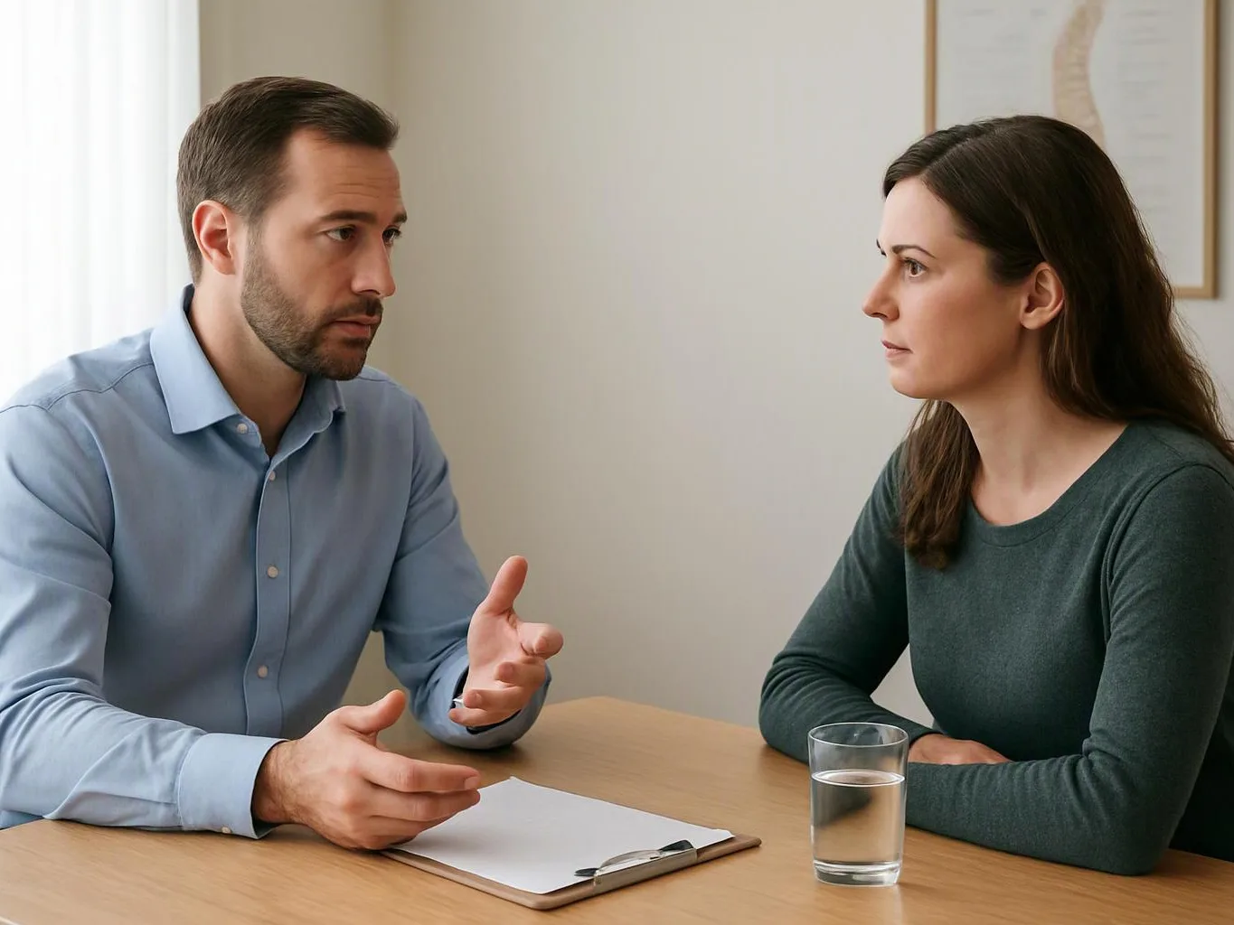 A man gestures across a table while talking to a woman beside a glass of water indoors