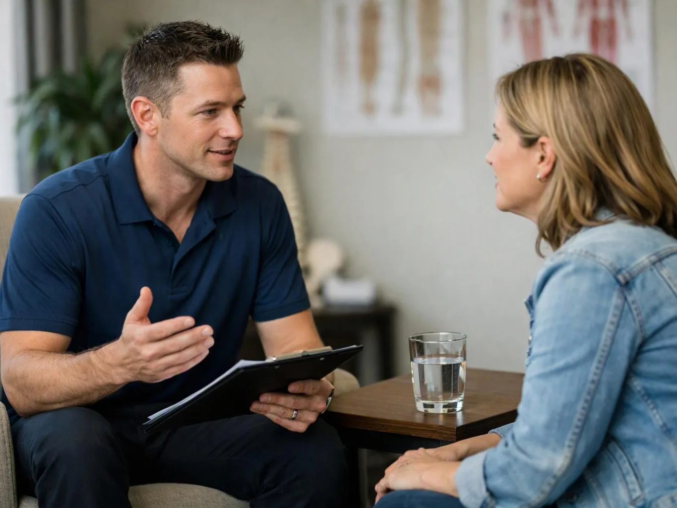A man gestures while holding a clipboard and talks with a woman seated across from him in a 상담 room