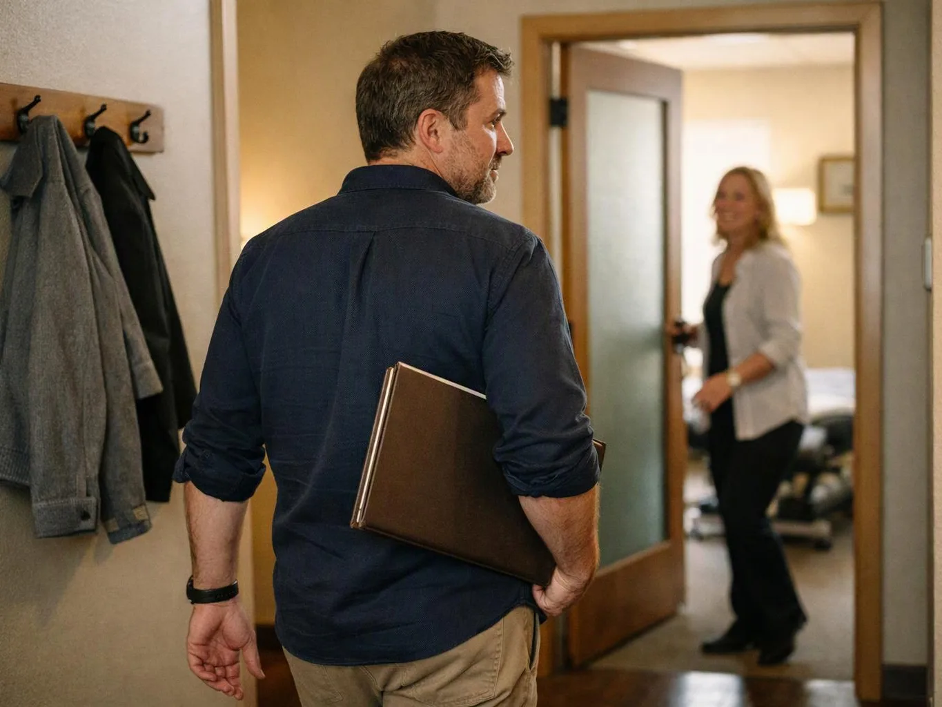 A man holds a brown portfolio in a hallway while a woman stands in an open doorway of a softly lit room