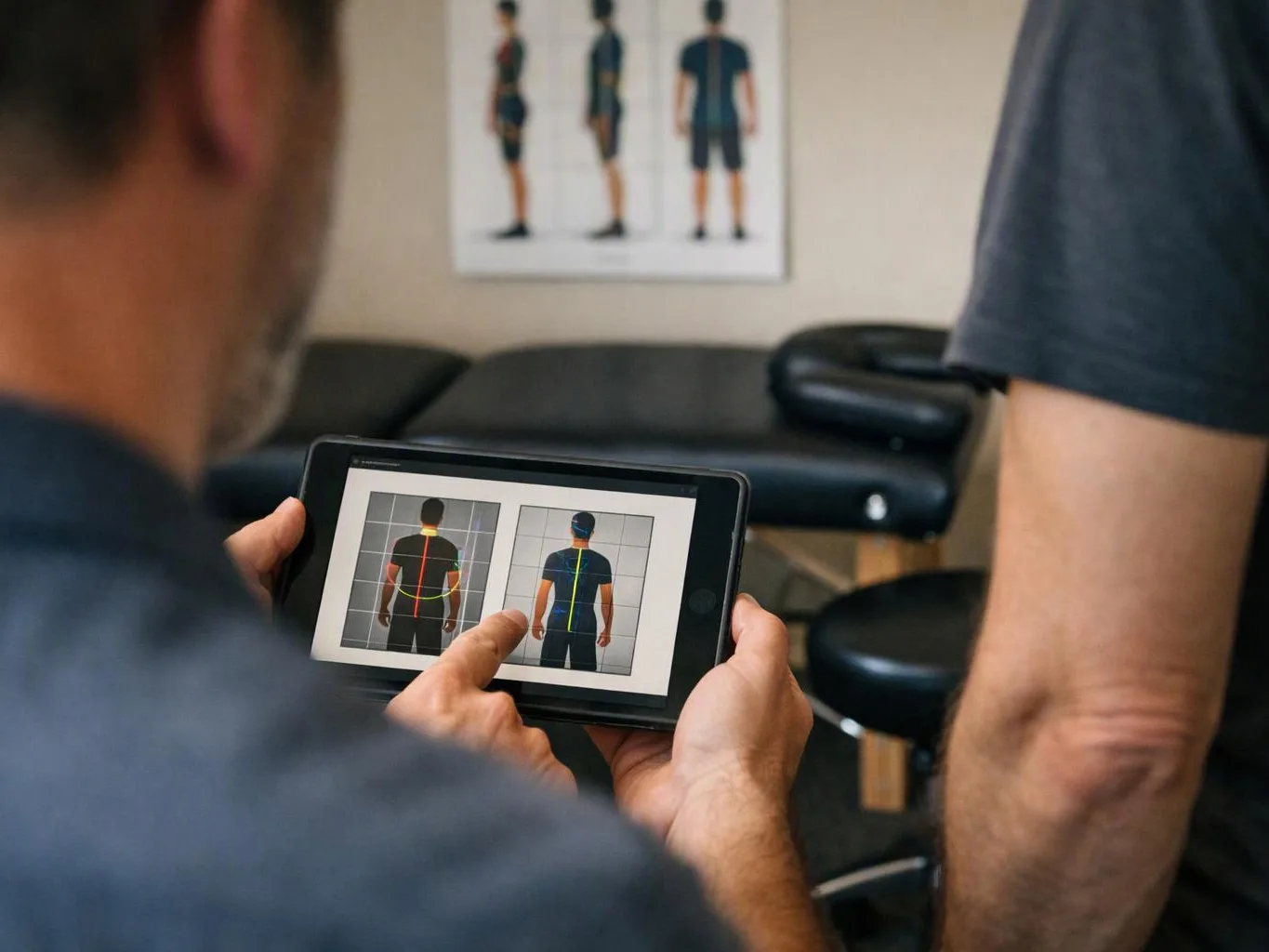 A man holds a tablet showing back posture diagrams in a clinic room