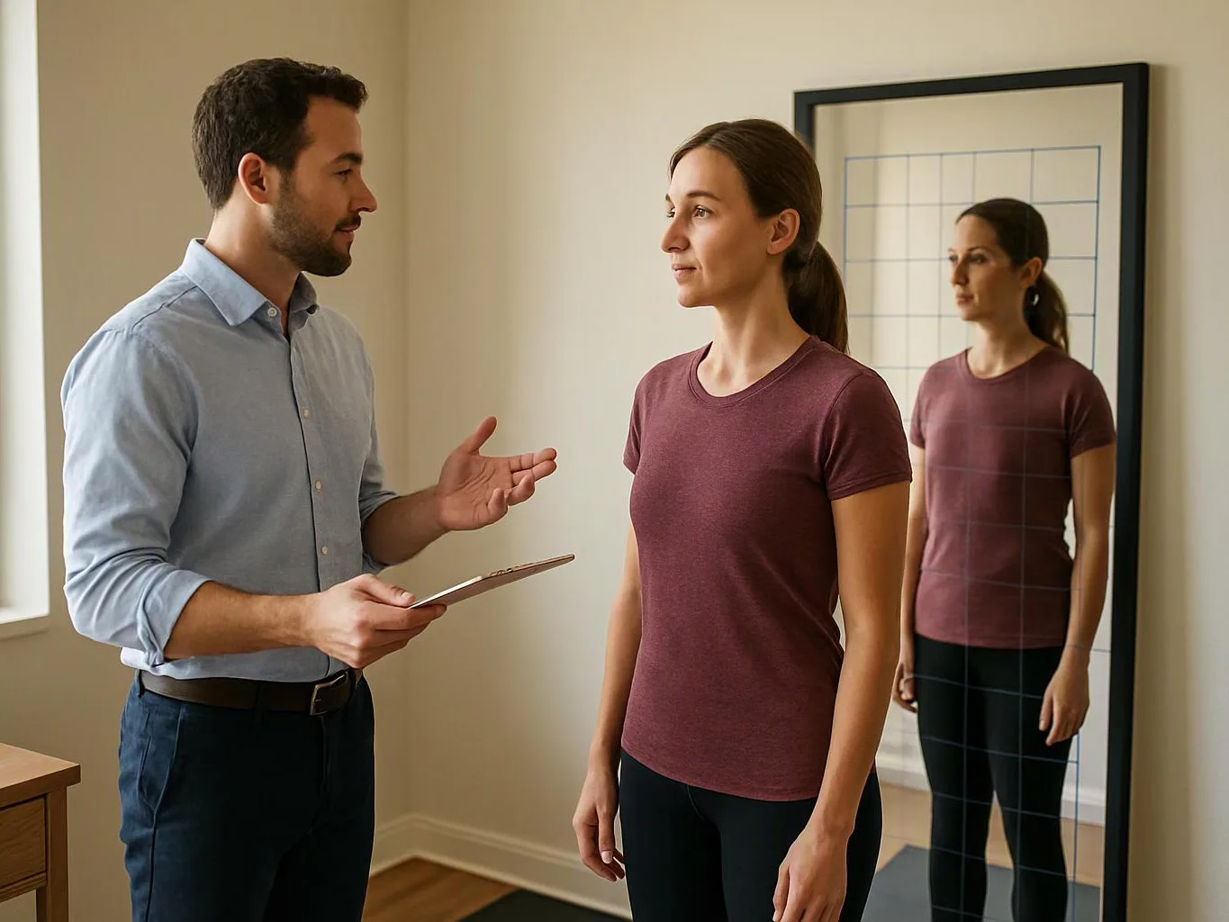A man holds a tablet and talks to a woman standing beside a mirror in a bright room