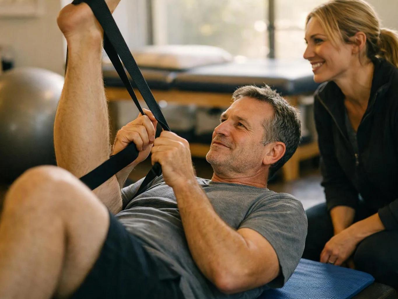 A man lies on a mat stretching with a strap while a smiling woman watches in a gym room